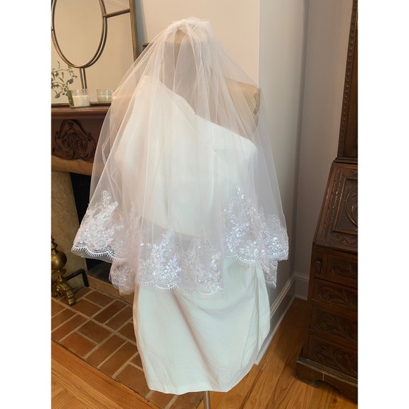 Unbranded Dresses & Skirts - White Two Tier Fingertip Wedding Veil/Blusher Lace Sequin Trim Bridal Comb